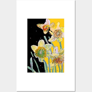 Abstract Yellow Daffodil Watercolor Pattern on Yellow and Black Posters and Art